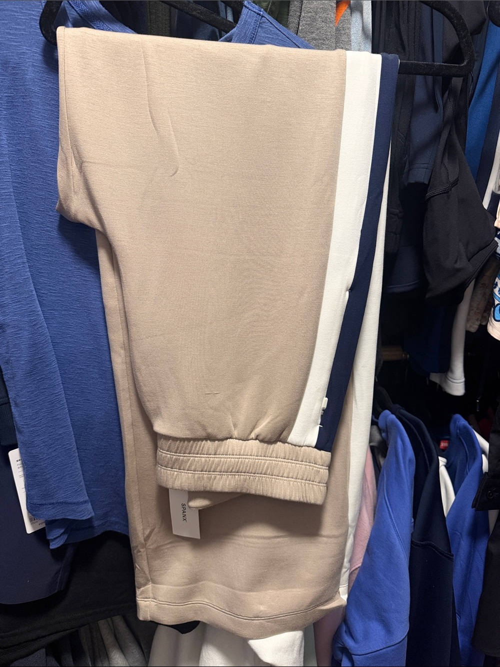 SPANX Beige Track Joggers with Navy and White Side Stripes